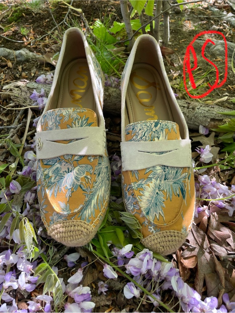 Sam Edelman Mustard Yellow Floral Espadrille Loafers with Cream Trim